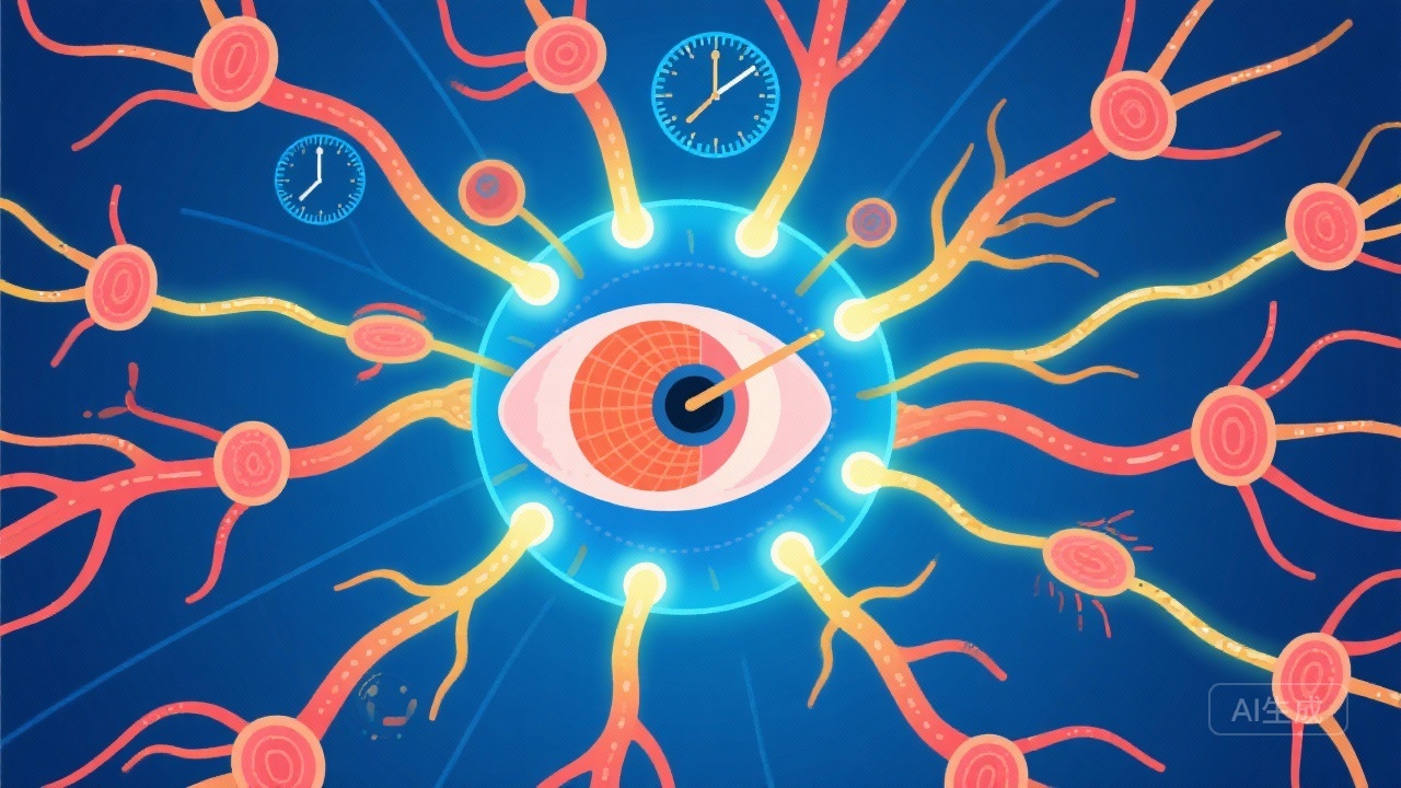 光信号通过视网膜神经节细胞传递至大脑生物钟中枢的示意图