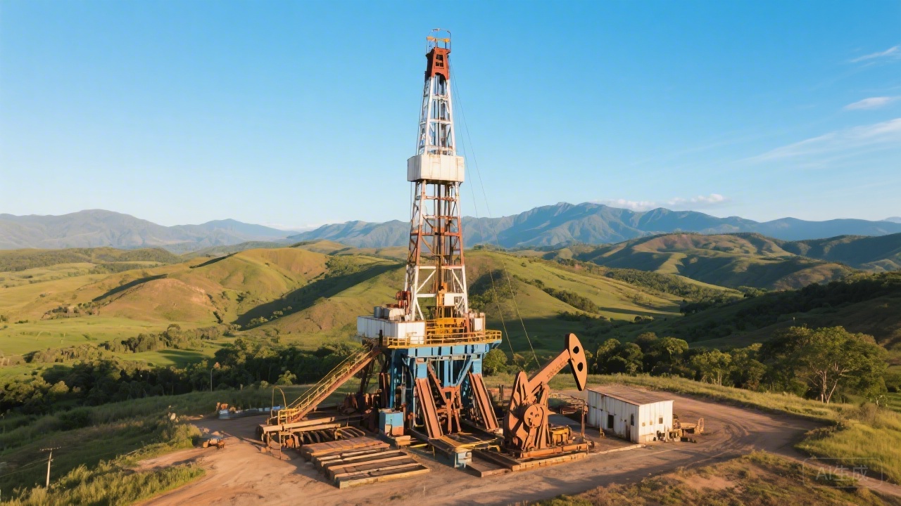 Vintage oil drilling rig in Venezuelan landscape