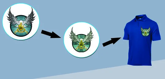 Embroidery digitizing process showing logo conversion to stitched apparel