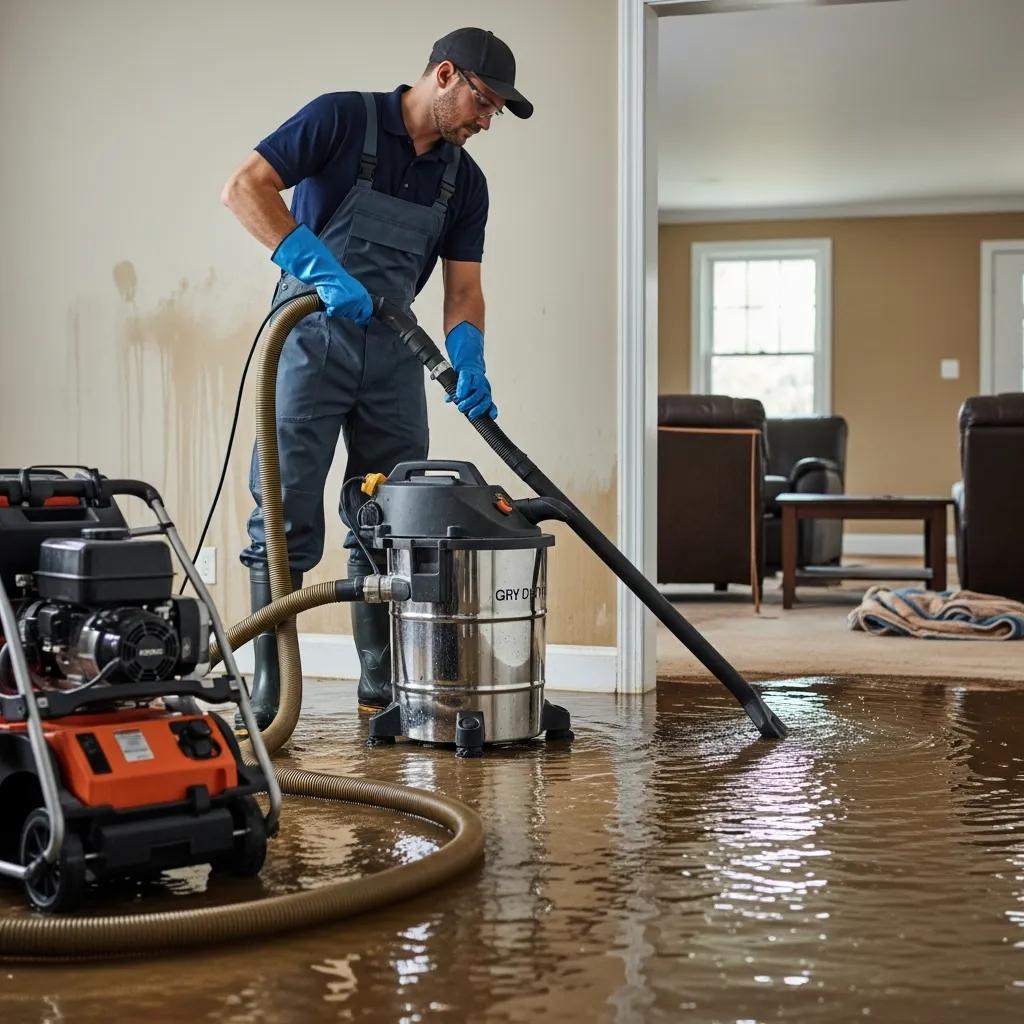 Water damage restoration technician using a commercial wet vacuum to extract standing water from a flooded home interior