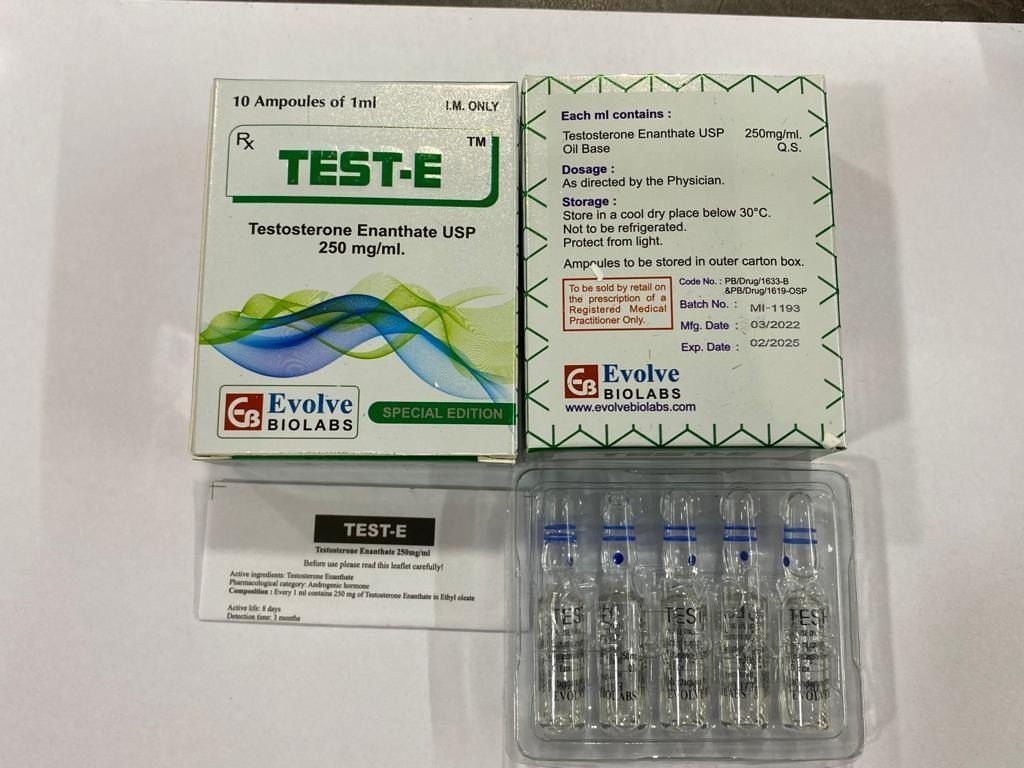 Caixa de Testosterone Enanthate com ampolas de injeção, representando a comercialização de esteroides anabolizantes