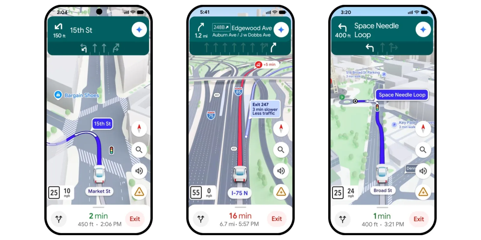 Google Maps Immersive Navigation showing 3D driving view with lane guidance and building transparency