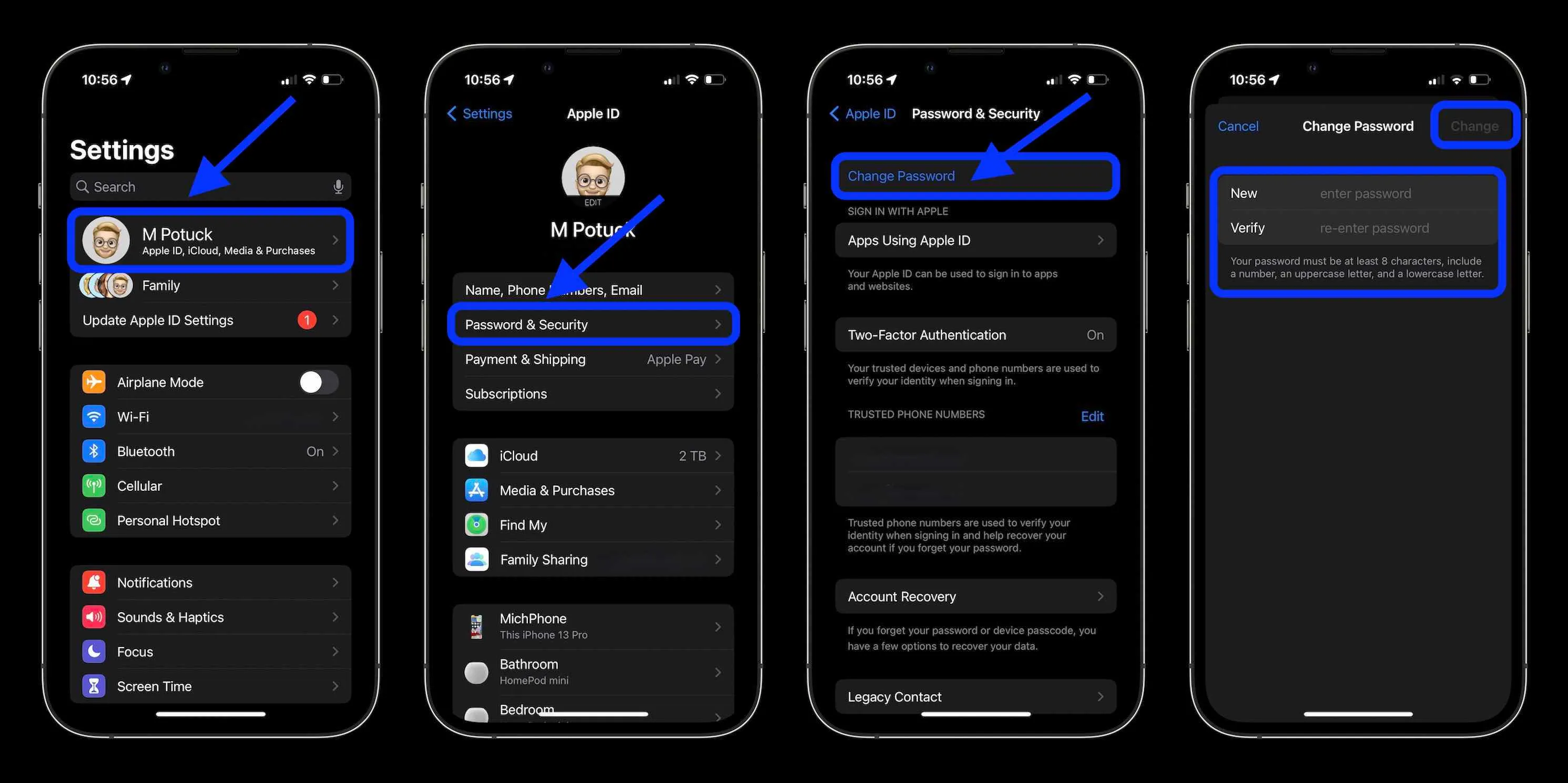 iPhone 设置页面显示 Apple ID 密码与安全选项