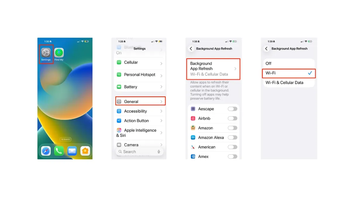 iPhone Background App Refresh settings showing Wi-Fi only option to save battery