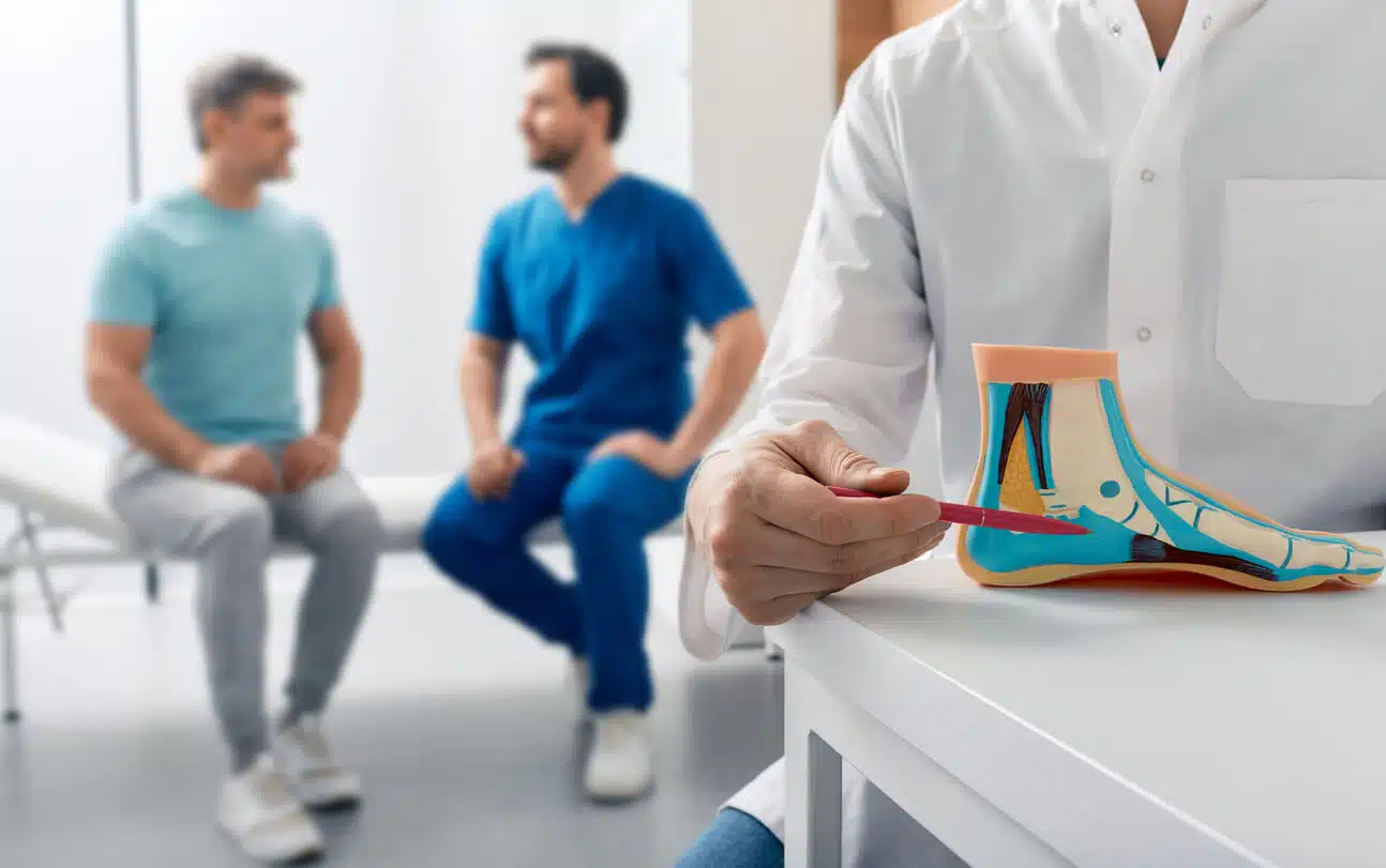 Doctor explaining foot anatomy using a model