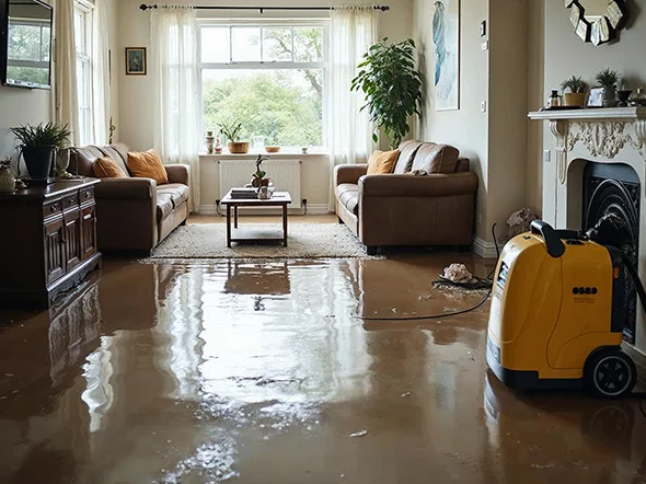 Flooded living room with furniture during professional water damage cleanup and restoration
