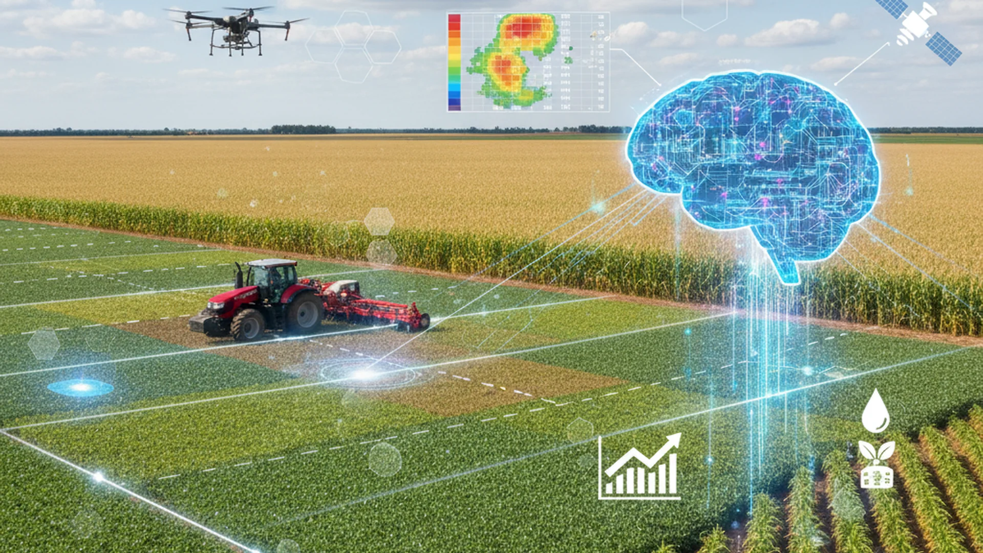 Drone sobrevoando plantação com visualização de dados de IA e mapa de calor de produtividade agrícola
