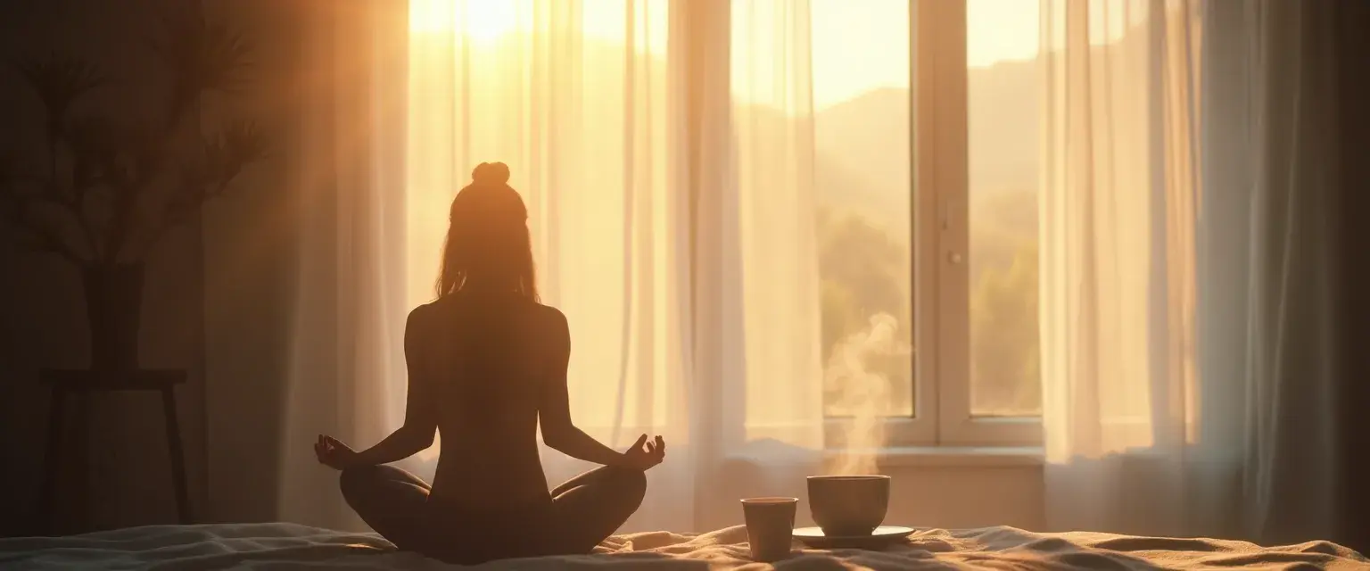 Woman meditating peacefully in morning sunlight with a cup of tea