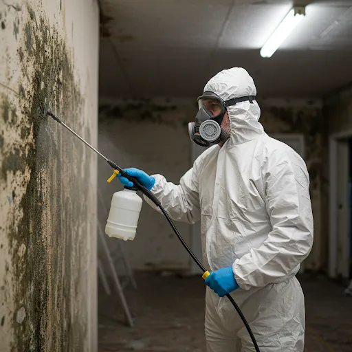 Mold remediation technician in full white protective suit and respirator treating mold growth on interior walls