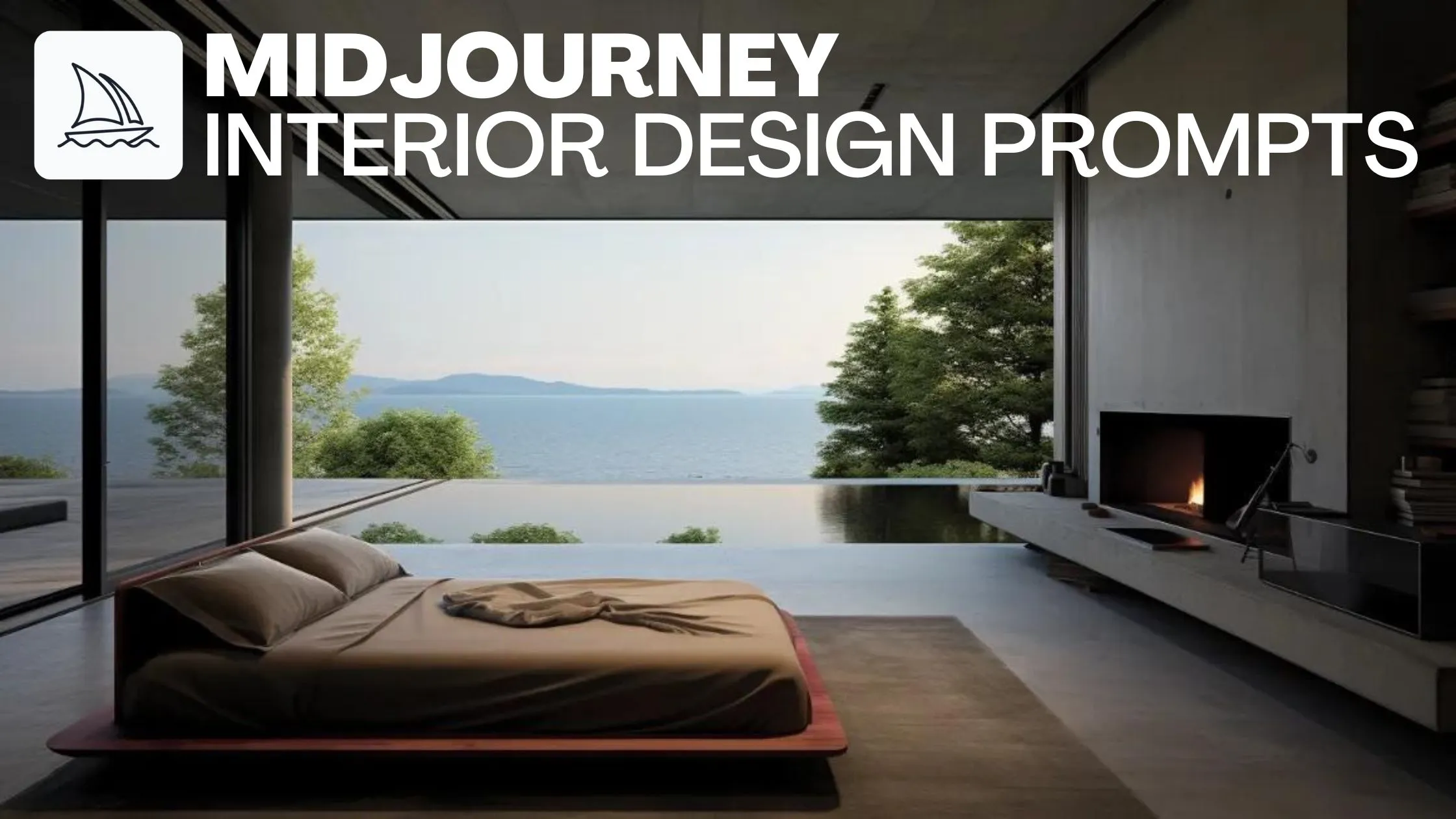 Midjourney generated luxury modern bedroom interior with floor-to-ceiling windows overlooking infinity pool and ocean view
