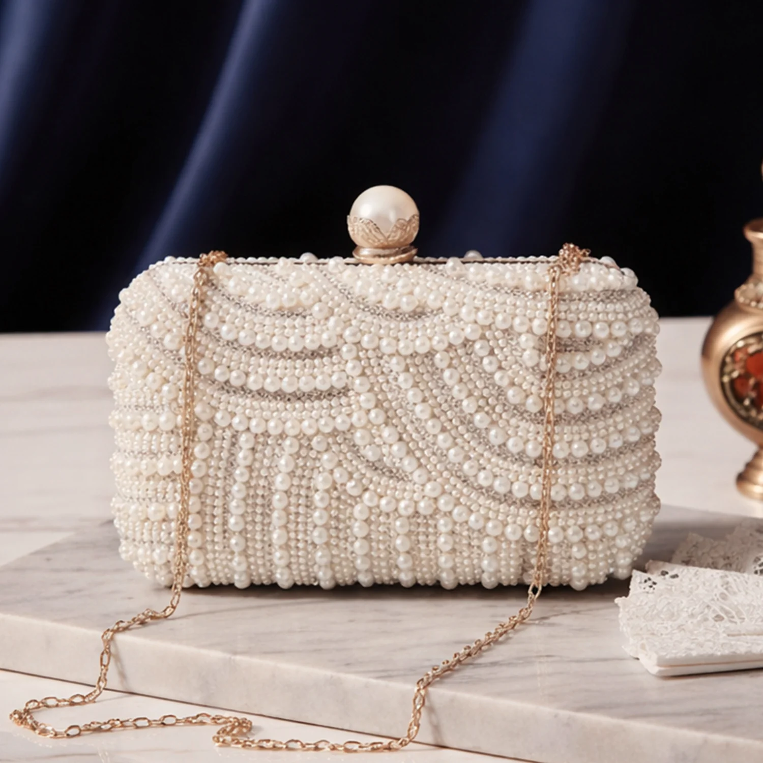 Artklim White Pearl Beaded Evening Clutch