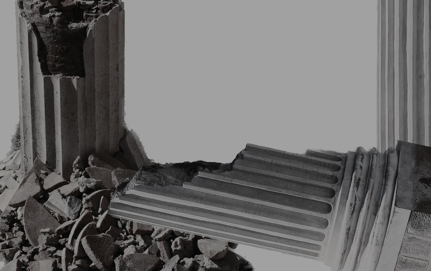 Broken pillars symbolizing democratic institutions in decline