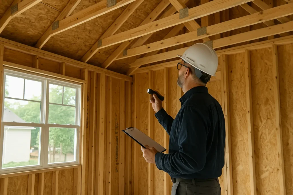 Ontario building code framing requirements - Toronto building inspector reviewing structural frame before approval