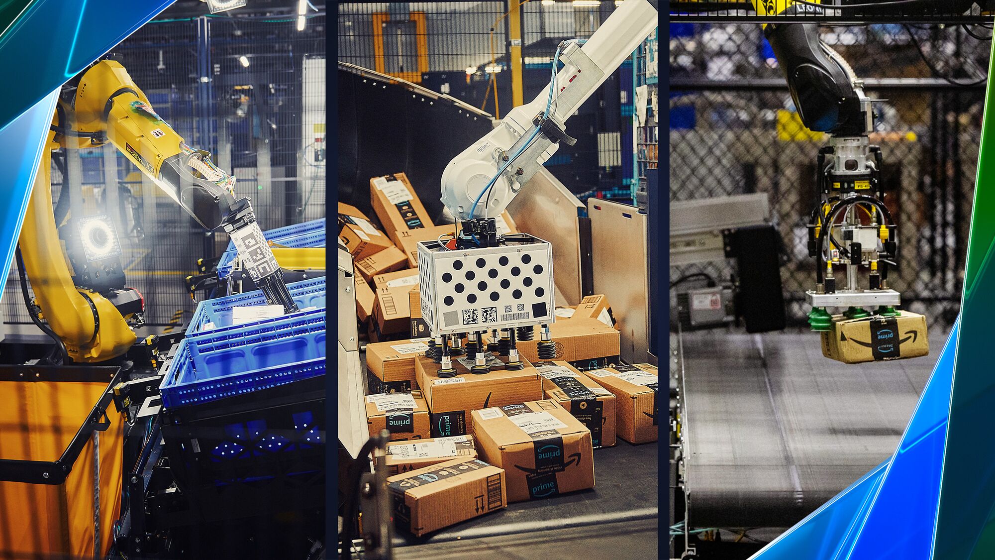 Futuristic Amazon warehouse with autonomous robots and drone technology