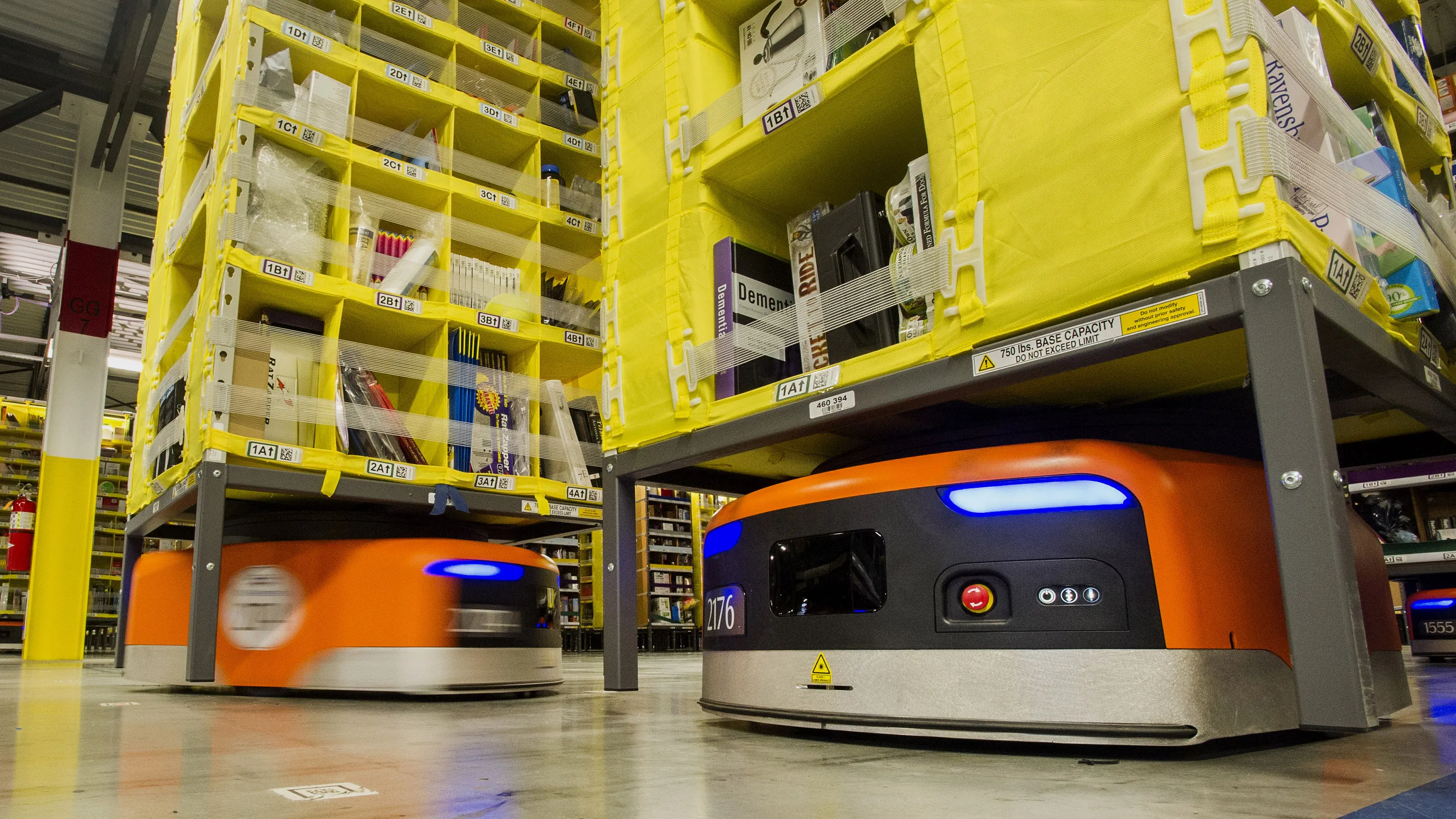 Amazon warehouse with robots and automation systems