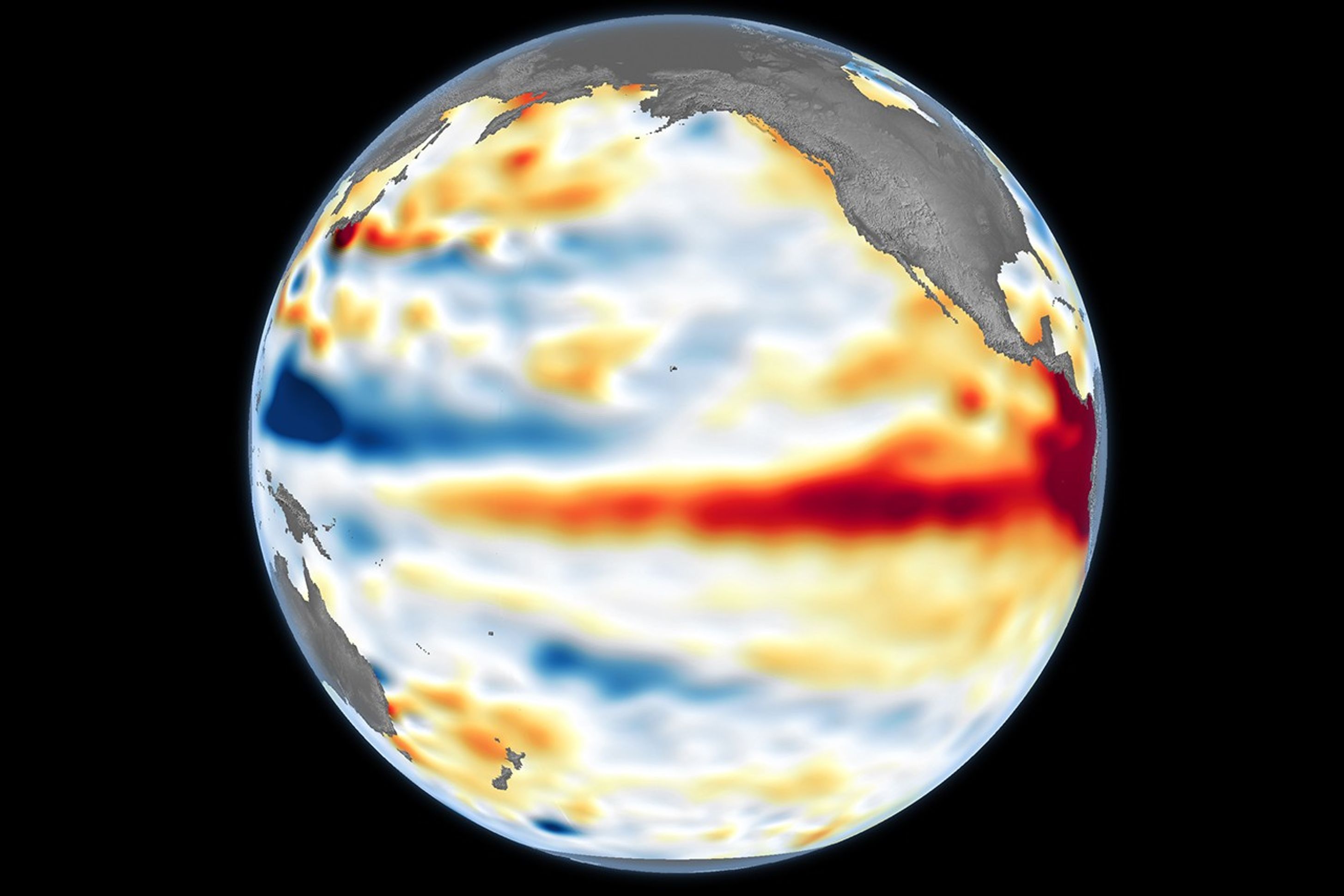 Visualização da NASA mostrando padrão de aquecimento do El Niño no globo terrestre