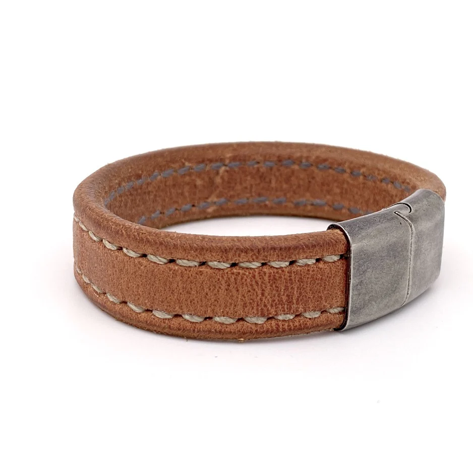 Men's Grey Leather Bracelet Magnetic Clasp