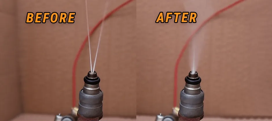 P0300 Fuel Injector Before and After Cleaning showing clogged injector with poor spray pattern vs clean injector with fine atomized spray