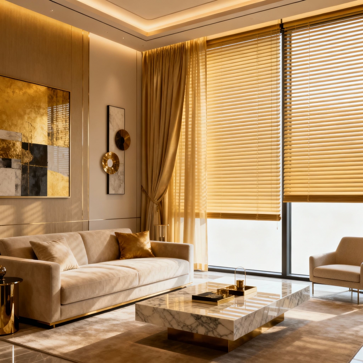 Elegant curtains and blinds installed in living room