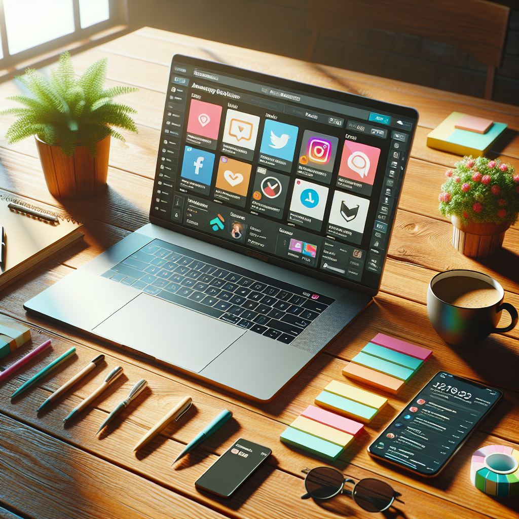 Social media manager workspace with laptop and planning tools