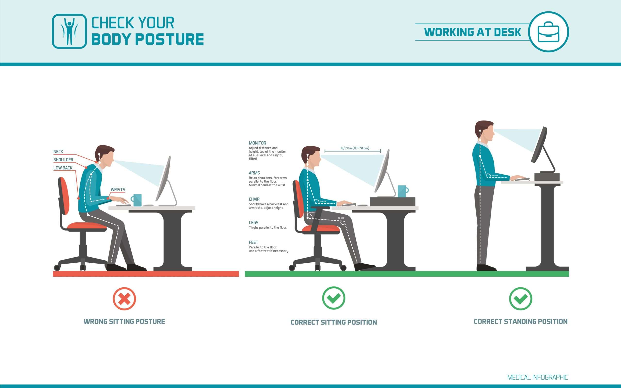 Proper ergonomic computer desk setup showing correct monitor height and sitting posture