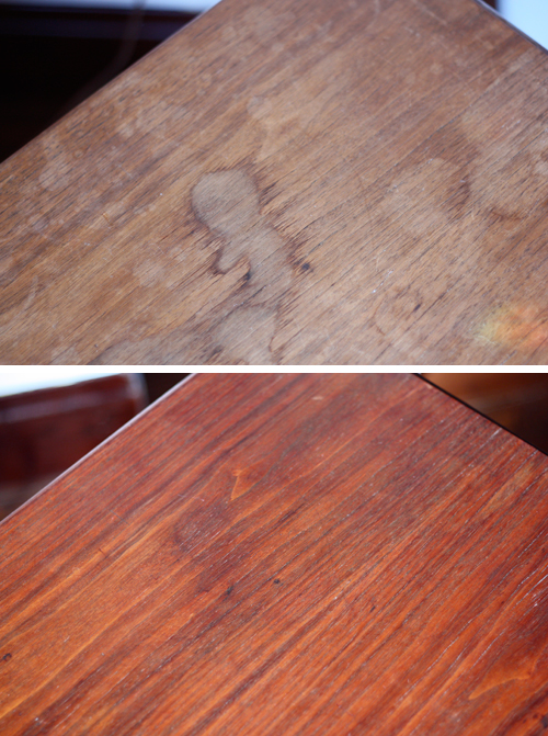 Before and after showing mayonnaise treatment removing white water stain from wood furniture surface