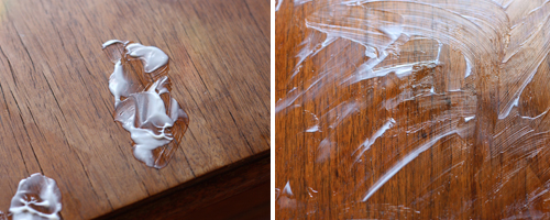 Applying mayonnaise directly on wood surface to treat white heat mark