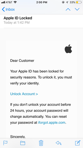 iPhone 收件箱显示 Apple ID 钓鱼邮件声称账户被锁定