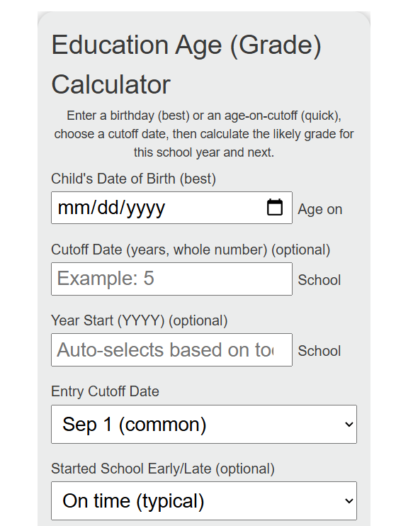 Education Age Calculator - Calculator Academy