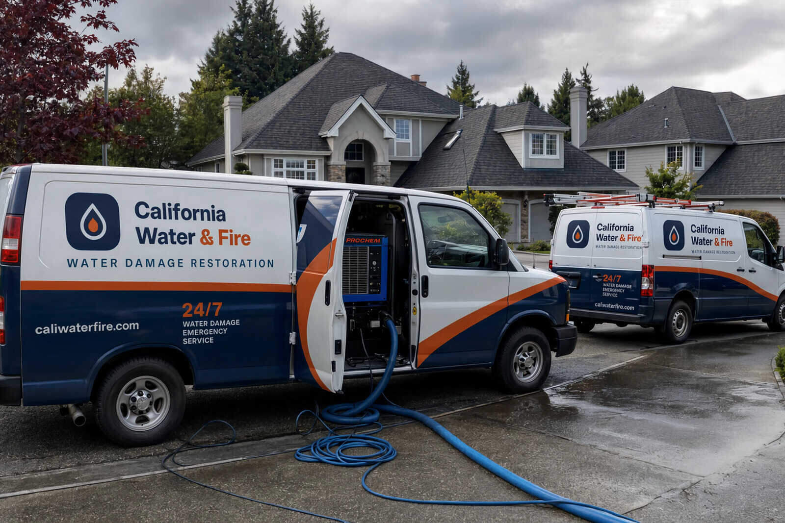 Multiple water damage restoration service vans parked at a residential neighborhood ready for emergency response