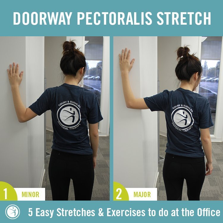Person performing doorway chest stretch with arms at shoulder height