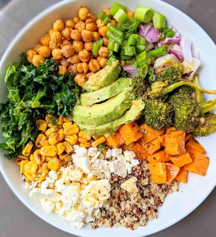 Colorful superfood grain bowl with chickpeas avocado and quinoa
