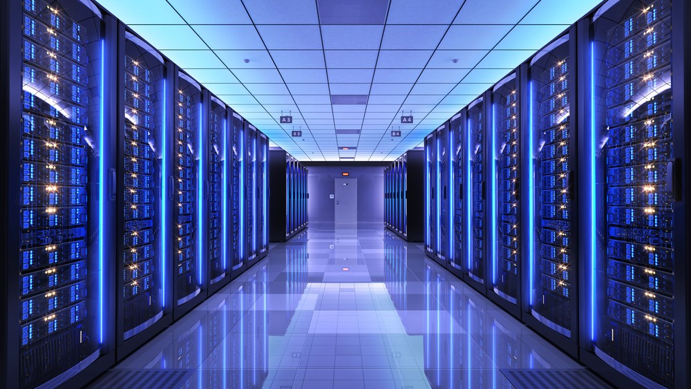 NVIDIA GPU server rack with blue lighting in data center