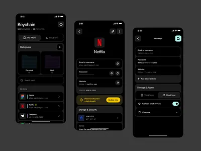 Password manager app interface showing secure vault and login details on dark mode smartphone screens
