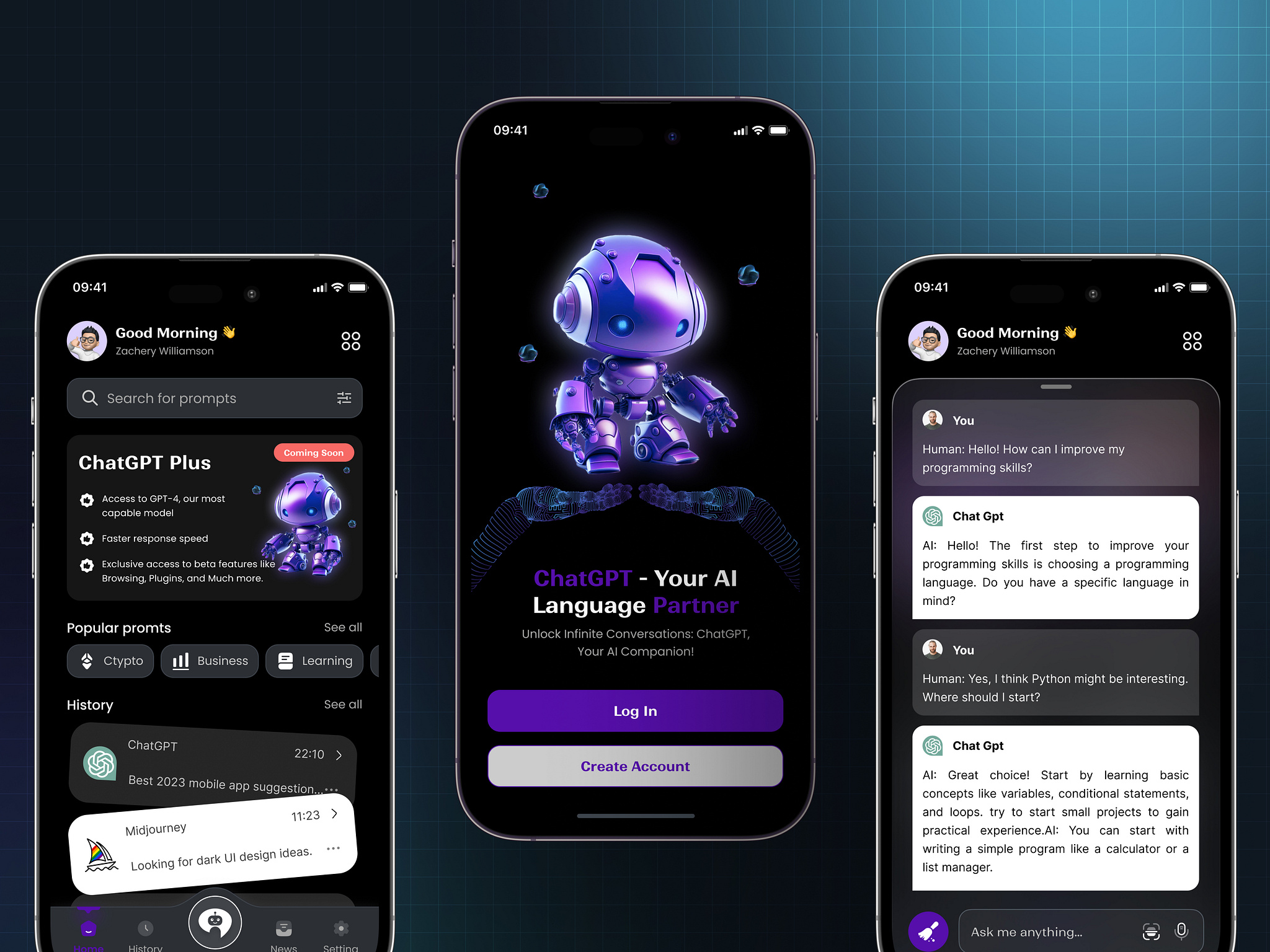 AI chat assistant app interface showing dark mode productivity dashboard with multiple screens