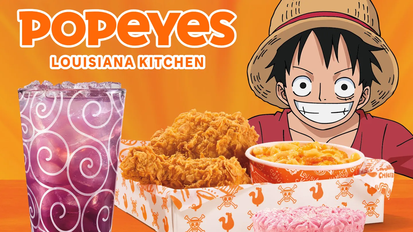 Popeyes One Piece Collaboration Menu Items featuring Luffy Bento Box, Gum-Gum Fruit Lemonade and Chopper's Cupcake