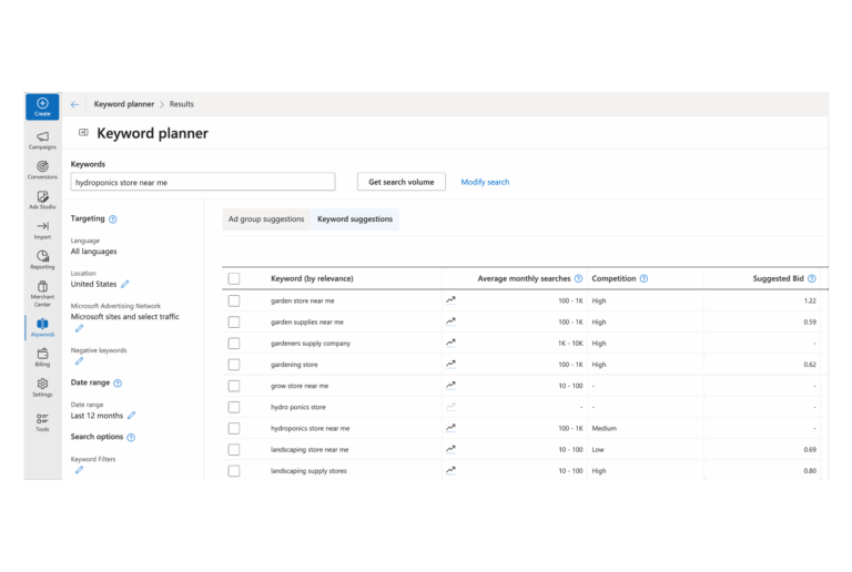 Microsoft Ads Keyword Planner Arayüzü