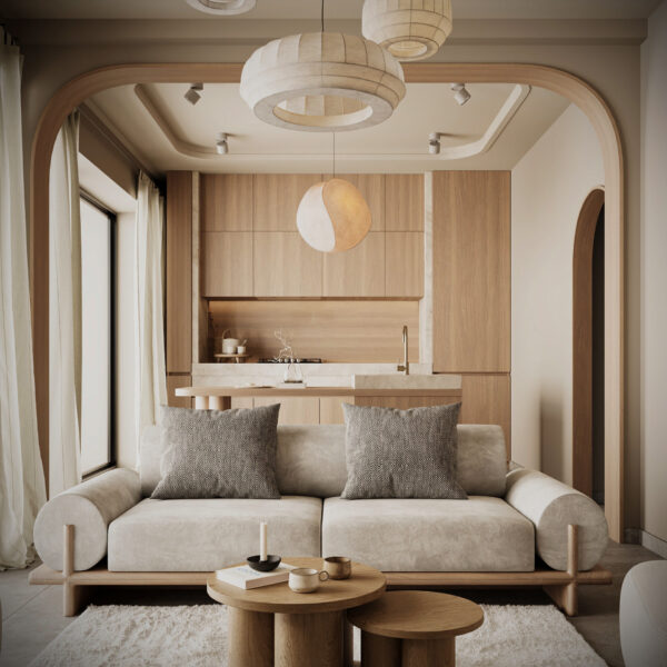 Interiorismo mediterráneo con arcos y piedra caliza