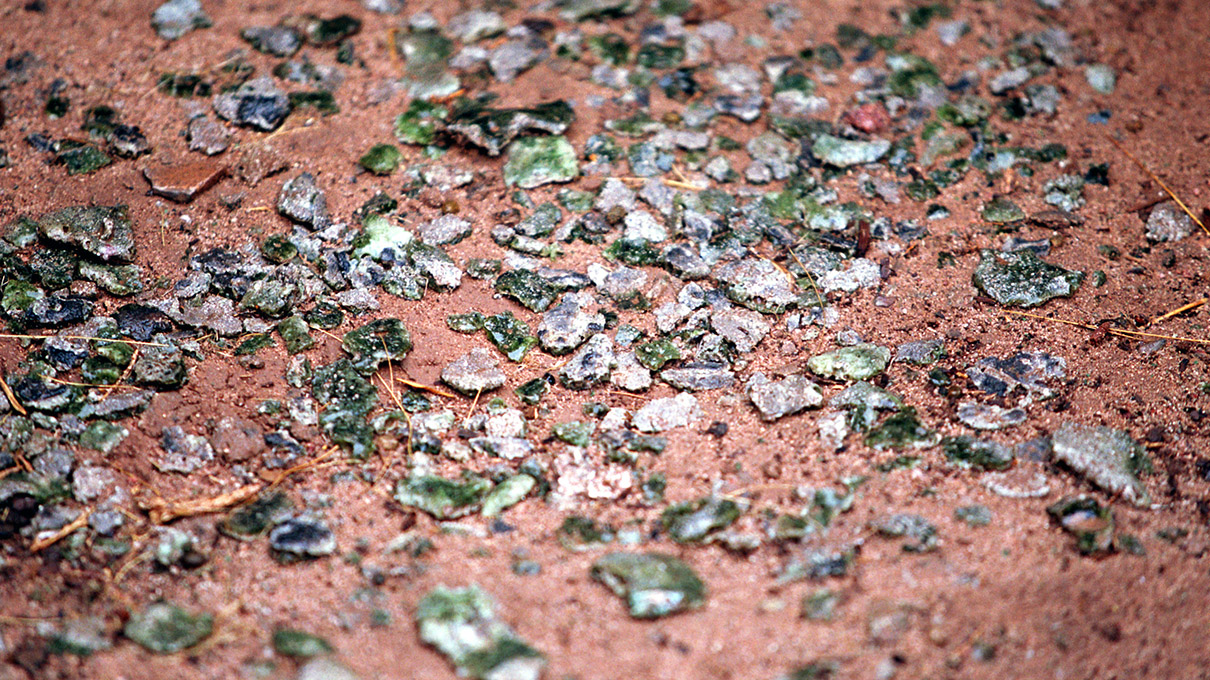 Fragmentos de trinitita espalhados sobre o solo avermelhado do deserto do Novo México