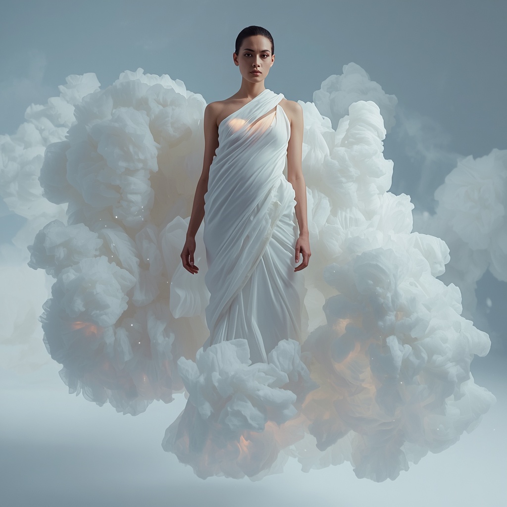 Model in white dress floating in clouds
