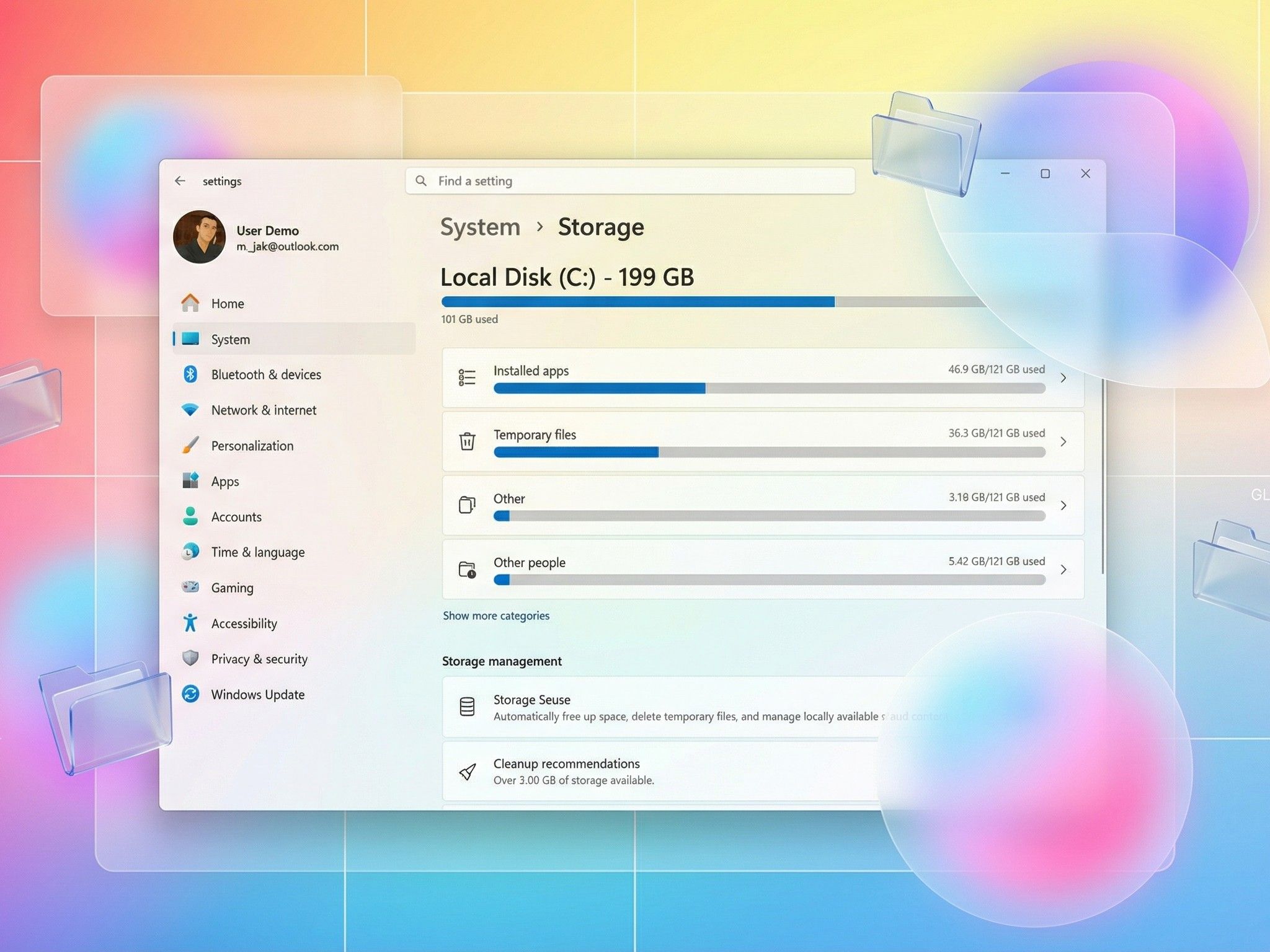 Colorful Windows 11 Storage settings interface showing multiple categories including Other