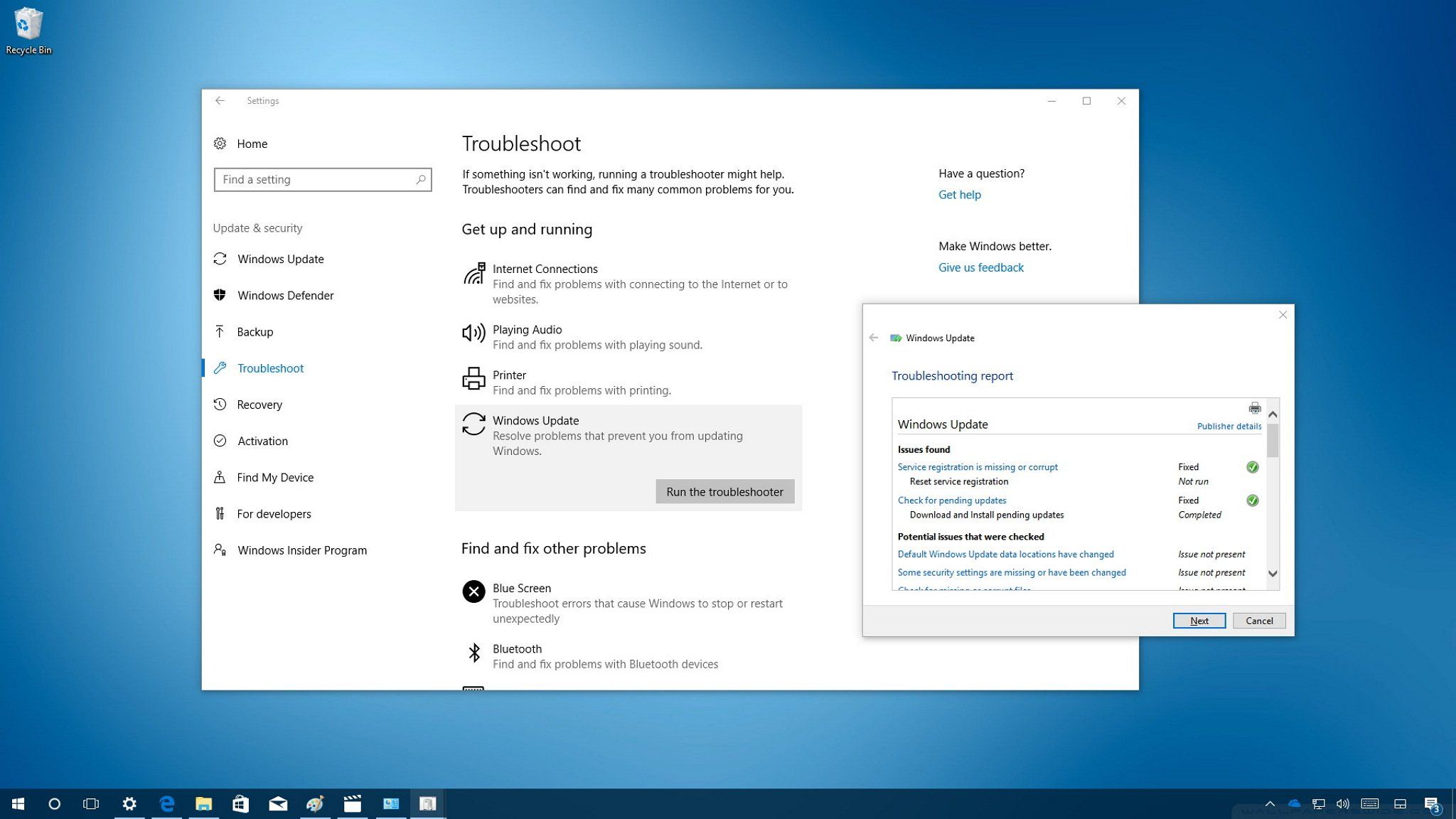 Windows 10 Troubleshoot settings showing Windows Update troubleshooter tool