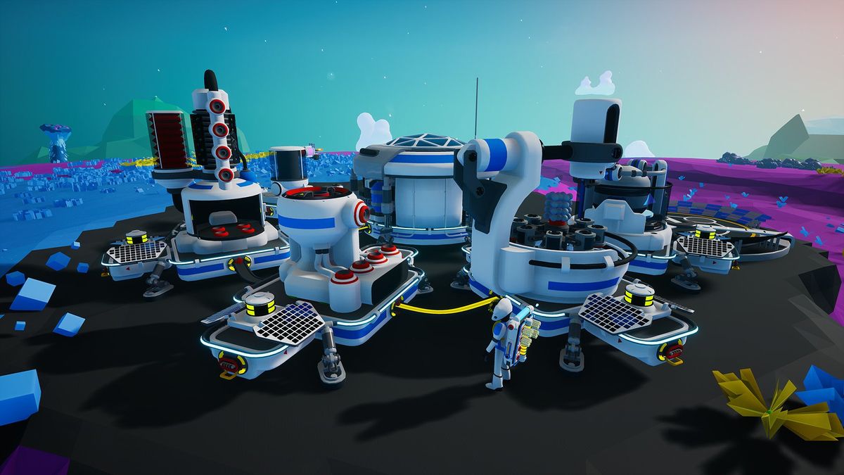 Astroneer base building gameplay showing interconnected modules and vehicles