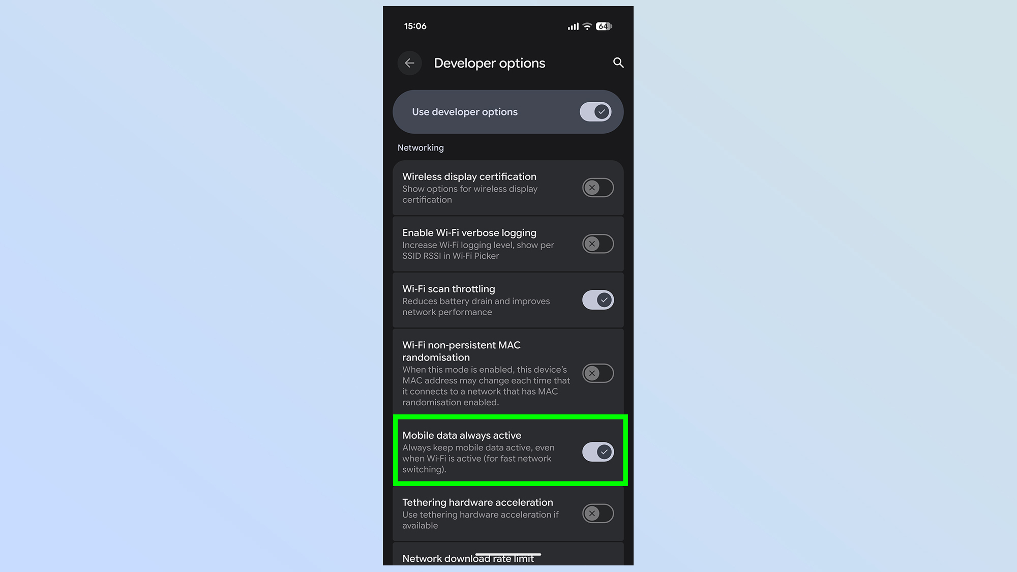 Android Developer Options menu showing Mobile Data Always Active toggle highlighted for battery saving