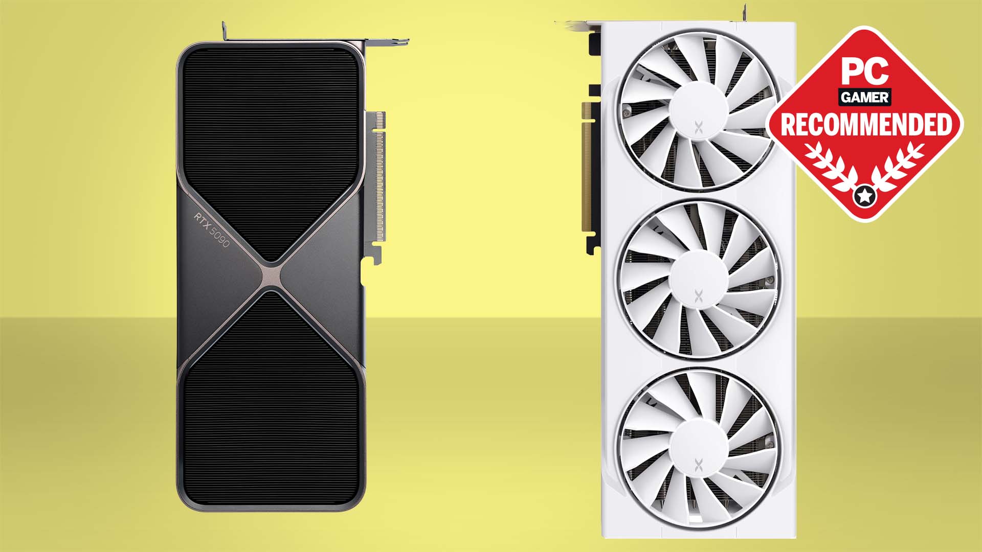 RTX 5090 Founders Edition next to white XFX Radeon graphics card with PC Gamer Recommended badge