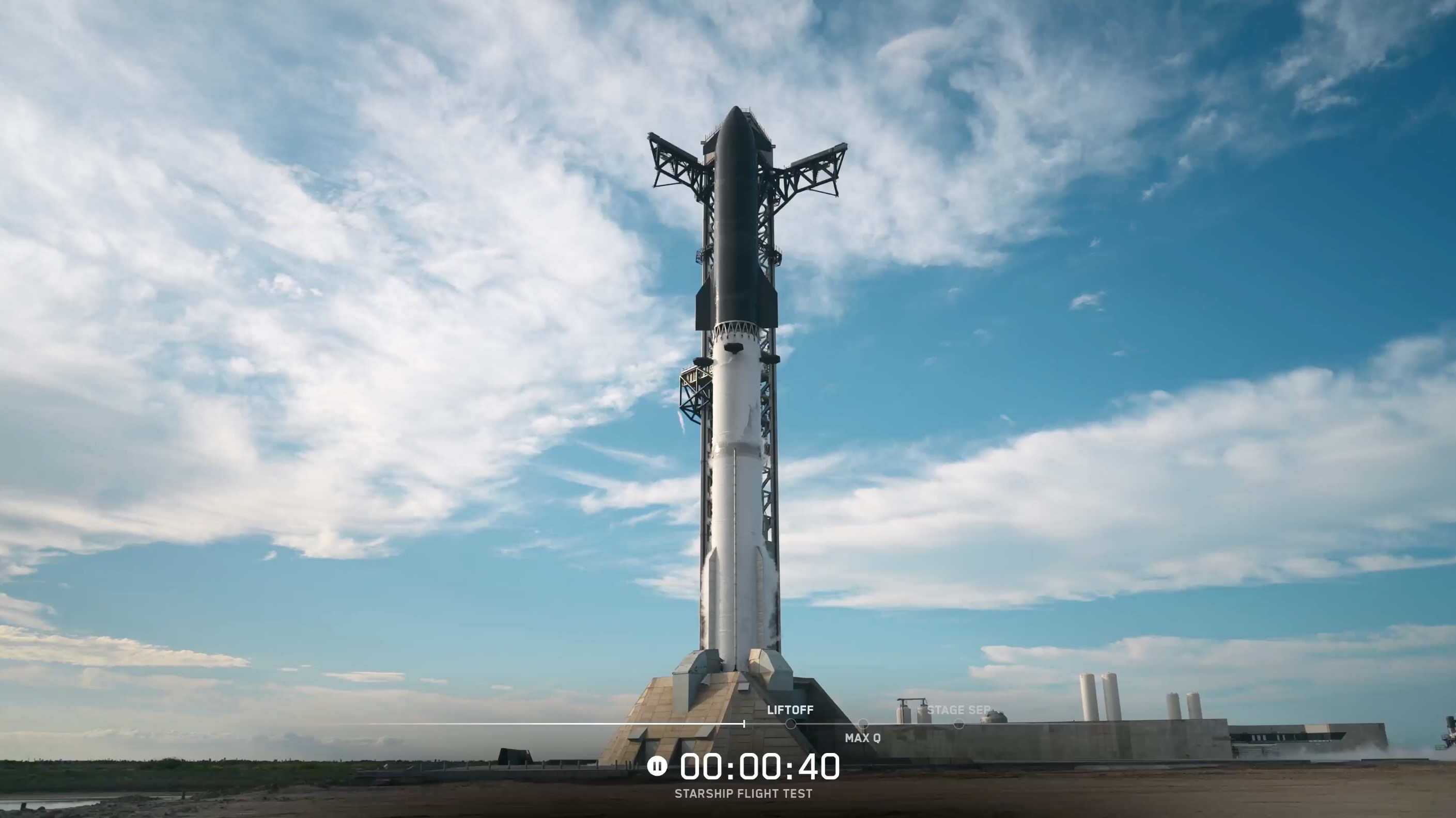 Foguete SpaceX Starship V3 na plataforma de lançamento em Boca Chica, Texas, antes da decolagem