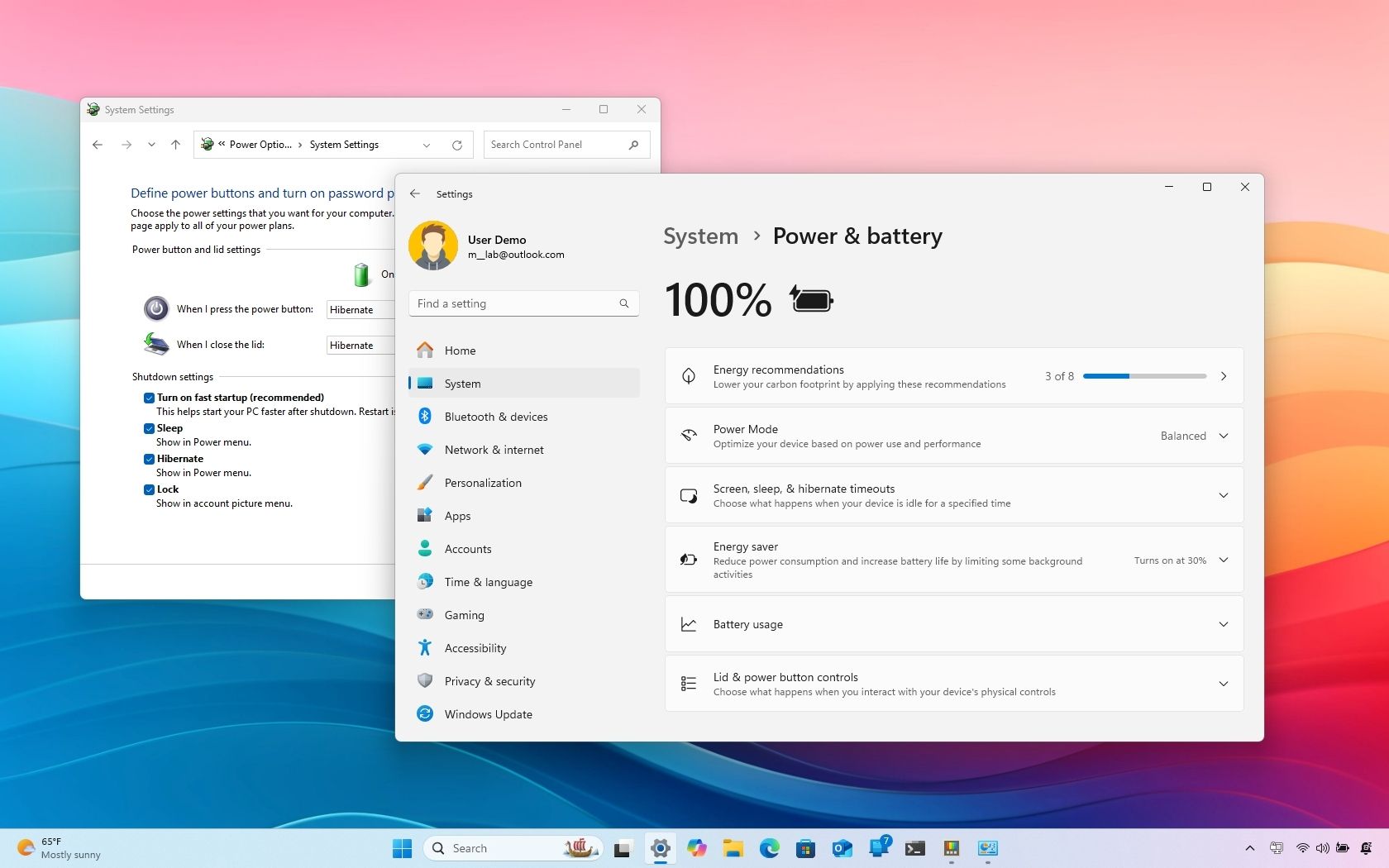 Windows 11 Power and Battery settings showing power mode and battery usage options