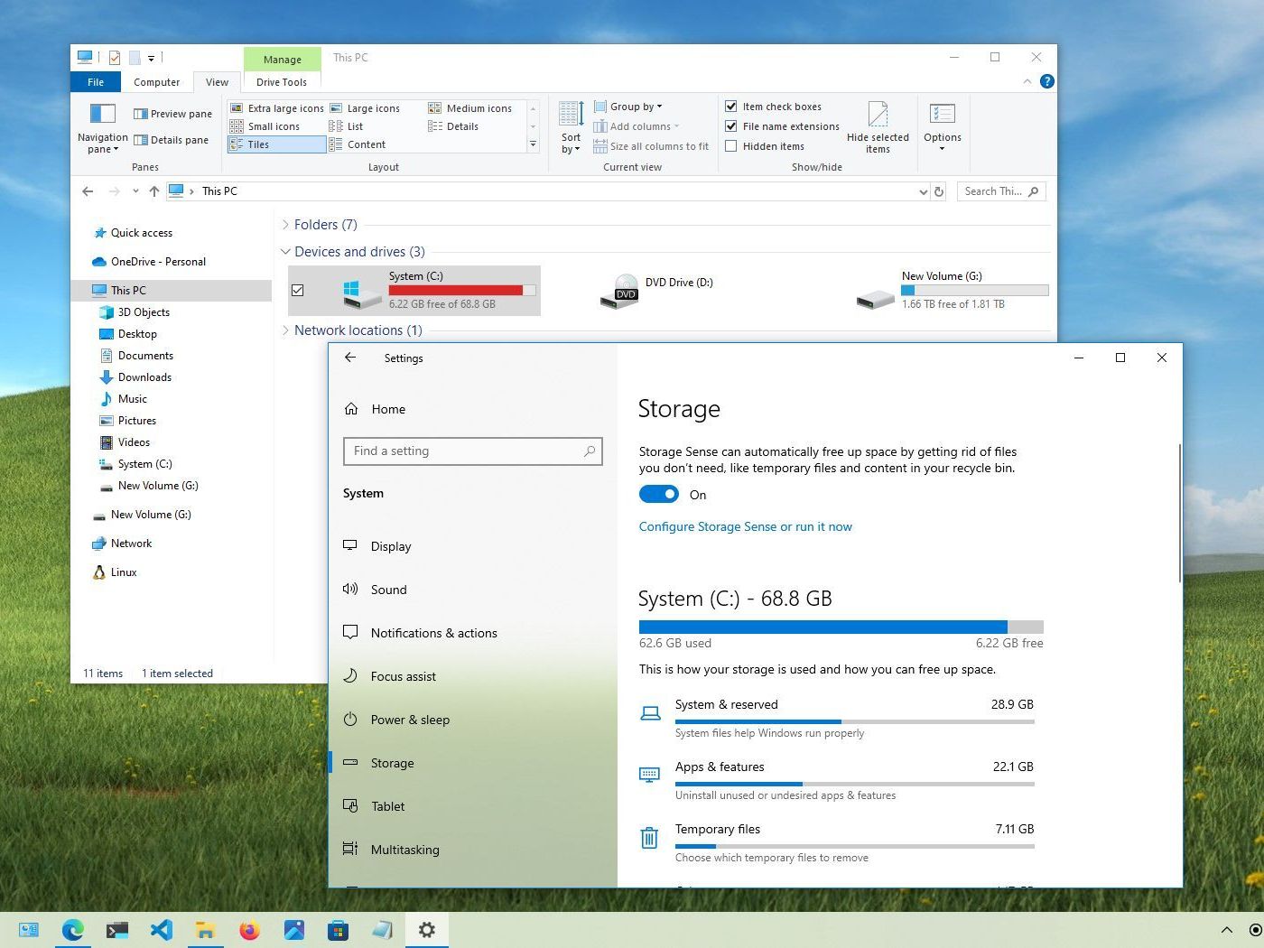 Windows Storage Sense settings showing automatic cleanup options