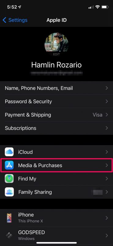 iPhone设置中媒体与购买项目入口