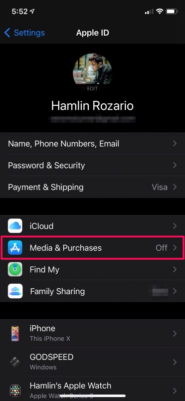 iPhone Apple ID 设置页面显示媒体与购买项目选项